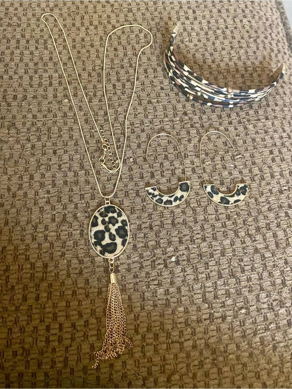 Leopard Print Gold Tassel Necklace and Hoop Earrings Set - Women Jewelry